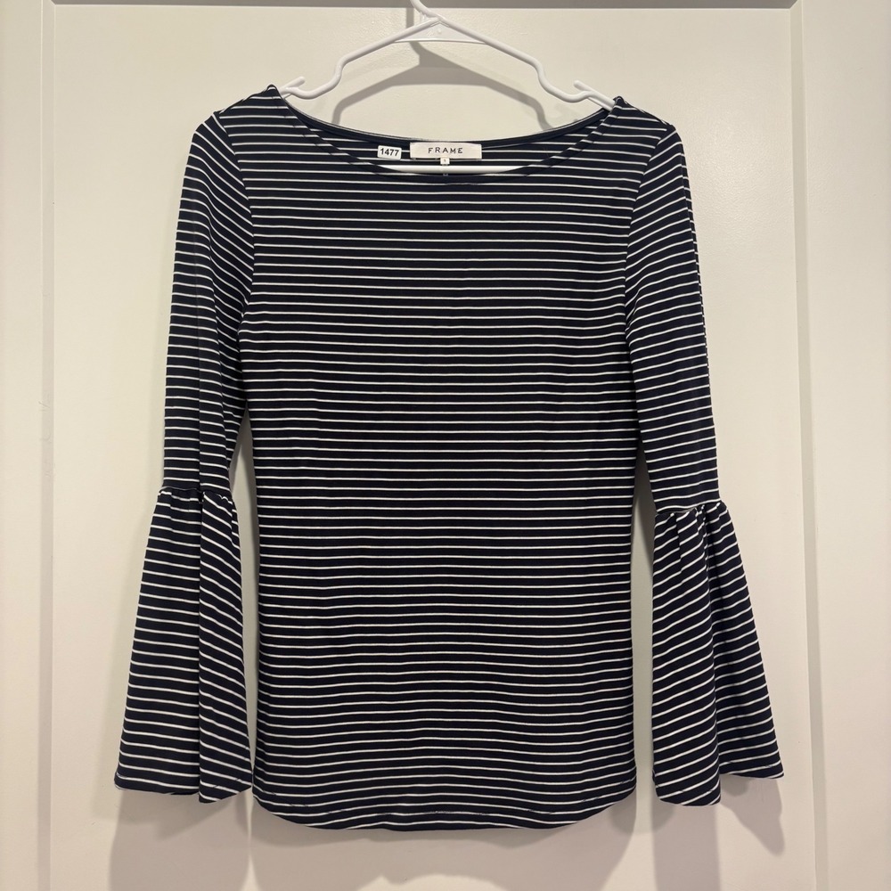 FRAME‎ Navy White Striped Bell Sleeve Boat Neck Knit Top Womens Small